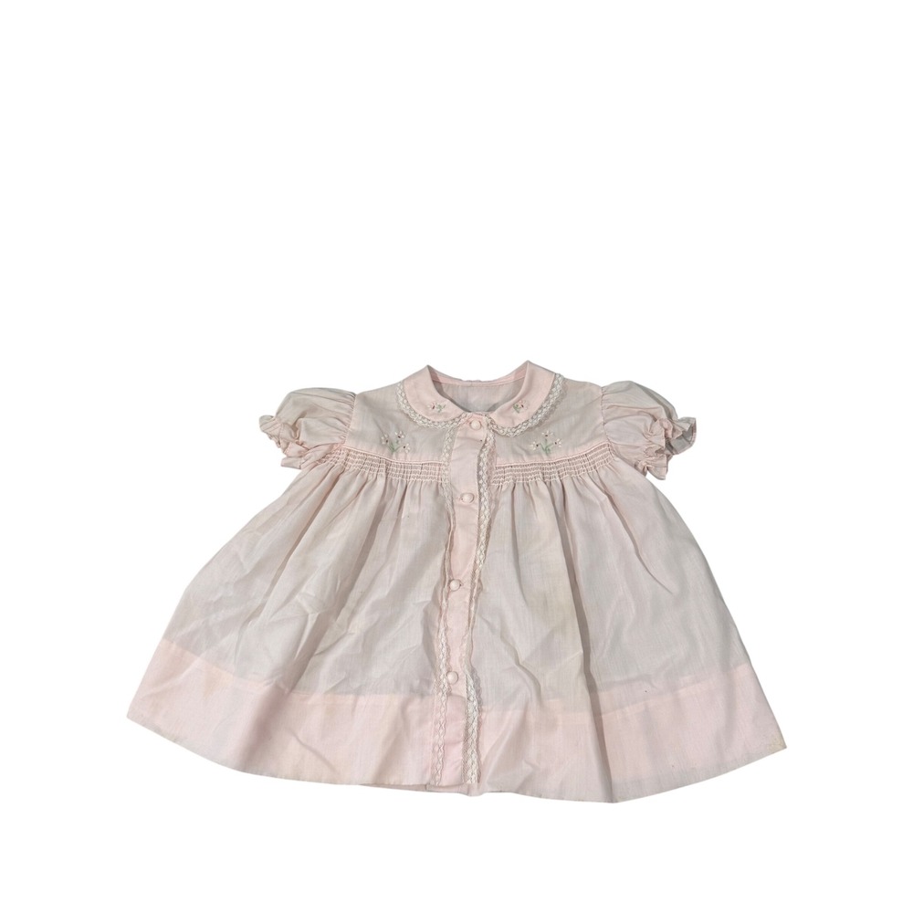 Handmade Vintage Smocked Floral Embroidered Pink Top Size 6 Peter Pan Collar